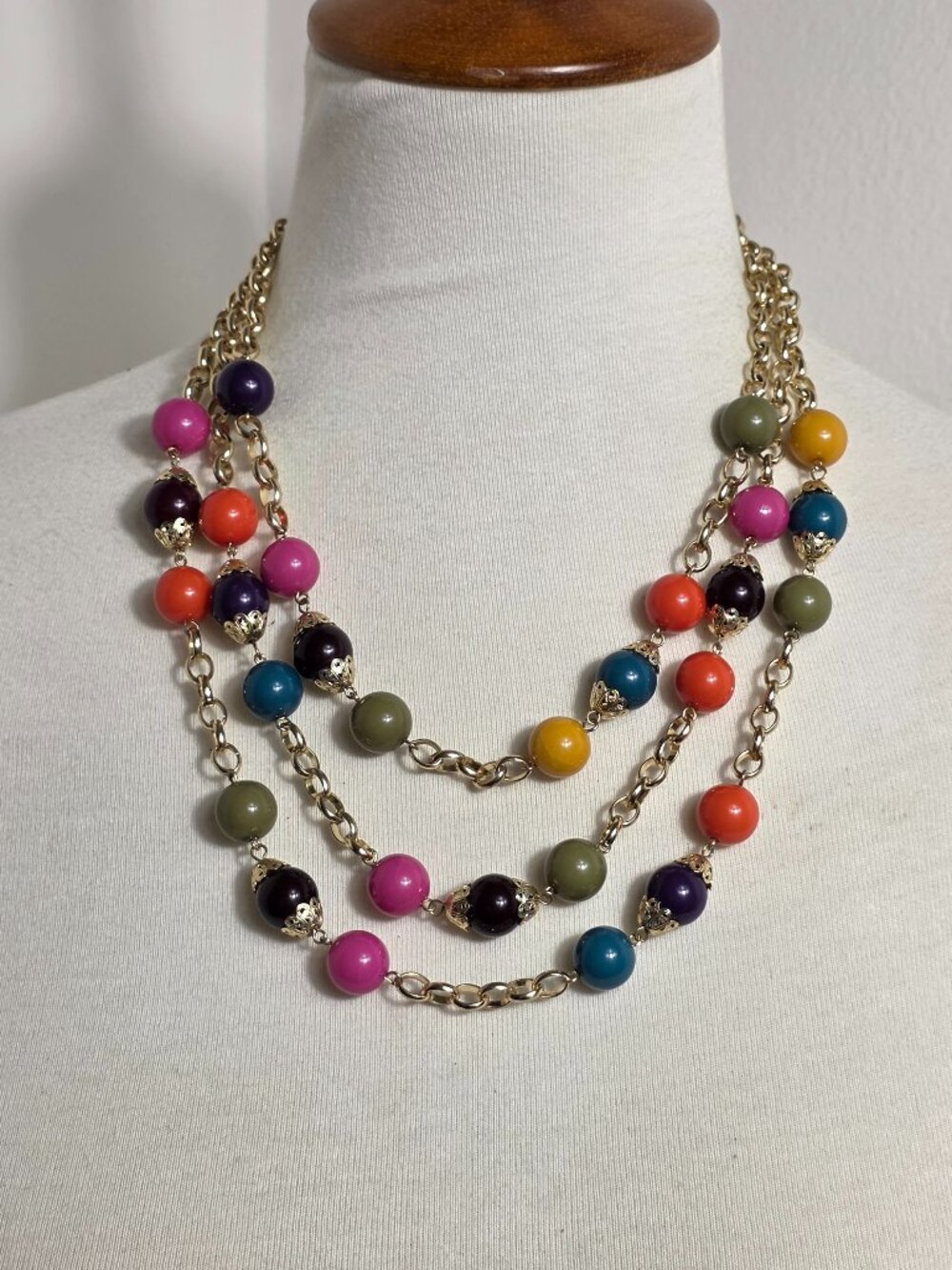 Vintage Multi-Strand Gold-Tone Chain Necklace Colorful Round Beads Gold Caps
